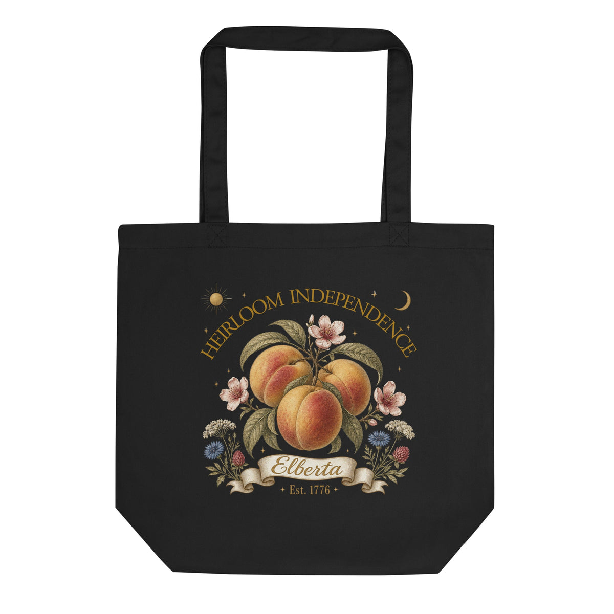Heirloom Independence botanical tote bag in Black with a gold vintage Elberta Peach illustration