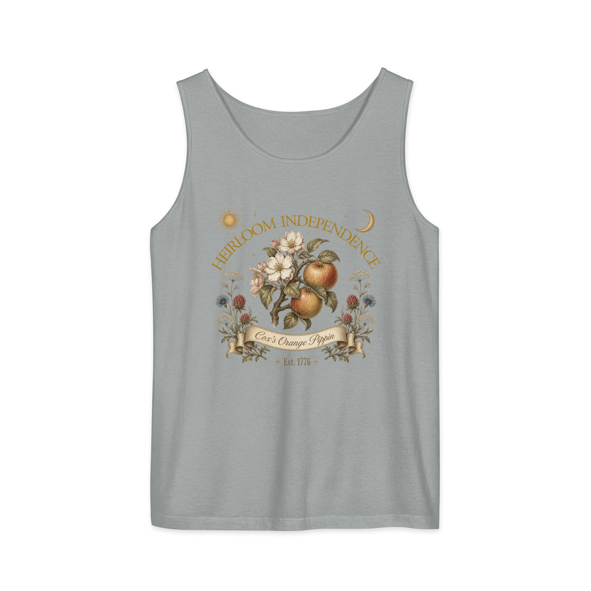 Cox's Orange Pippin vintage botanical tank top in Granite, Heirloom Independence design with golden apples, white blossoms, and wildflowers, Comfort Colors