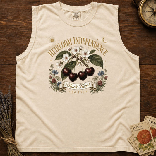 Black Heart Cherry vintage botanical tank top in Ivory, Heirloom Independence design with dark cherries, white blossoms, and wildflowers, Comfort Colors