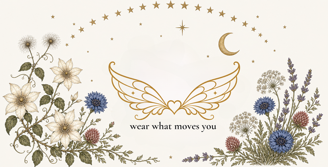 Field & Wing Co. gold wings logo framed by wildflowers, stars, and a crescent moon