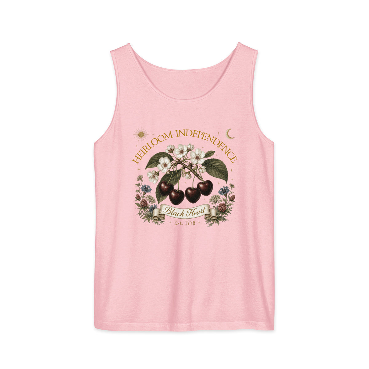Black Heart Cherry vintage botanical tank top in Blossom, Heirloom Independence design with dark cherries, white blossoms, and wildflowers, Comfort Colors