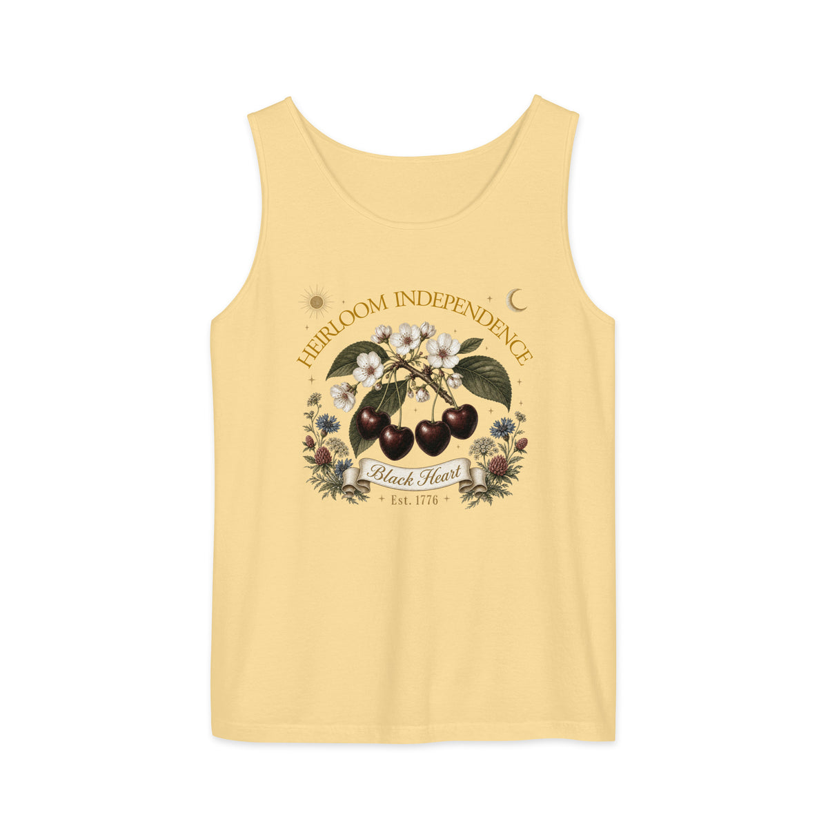 Black Heart Cherry vintage botanical tank top in Butter, Heirloom Independence design with dark cherries, white blossoms, and wildflowers, Comfort Colors