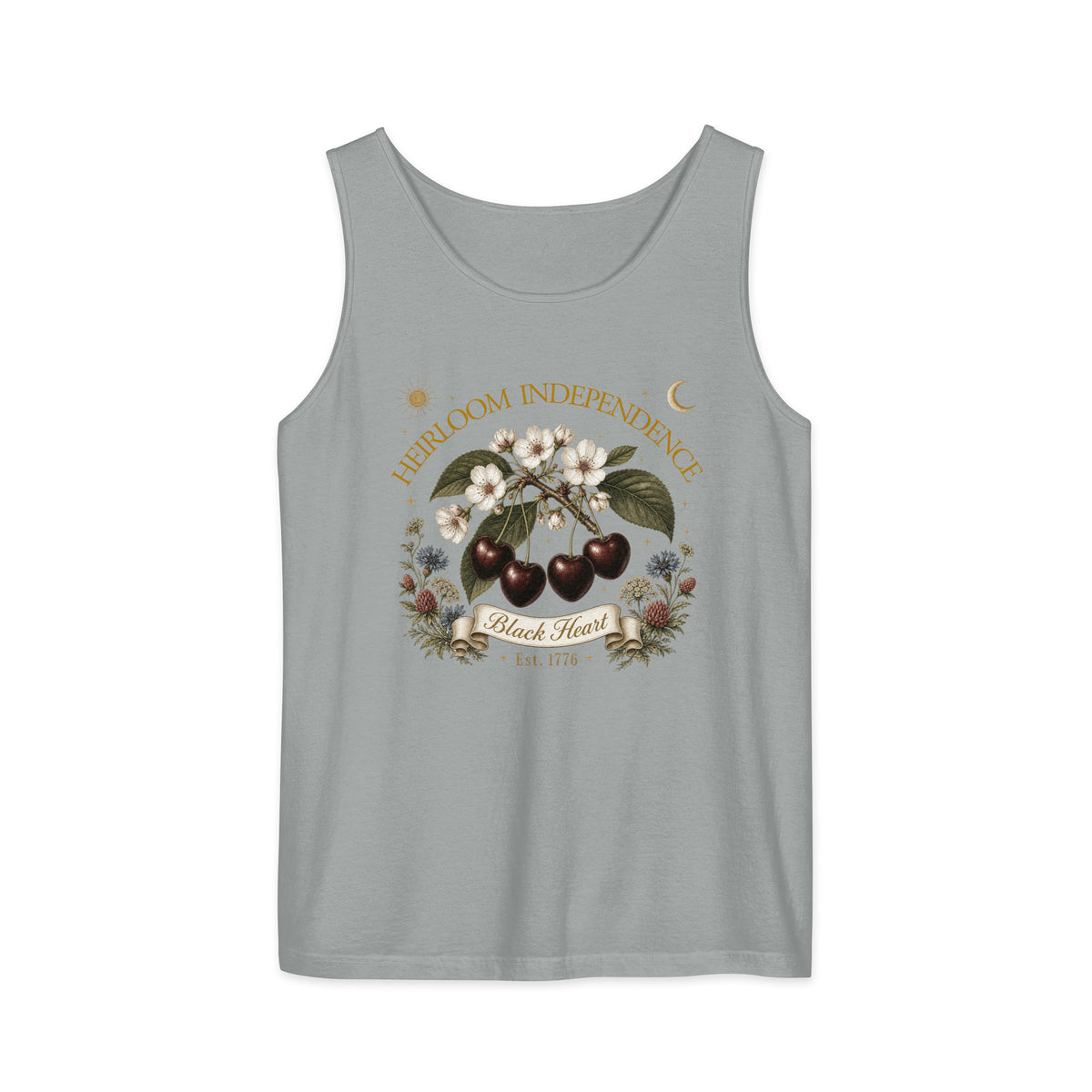 Black Heart Cherry vintage botanical tank top in Granite, Heirloom Independence design with dark cherries, white blossoms, and wildflowers, Comfort Colors
